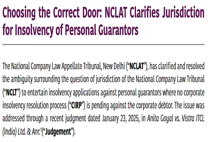 Choosing the Correct Door: NCLAT Clarifies Jurisdiction for Insolvency of Personal Guarantors